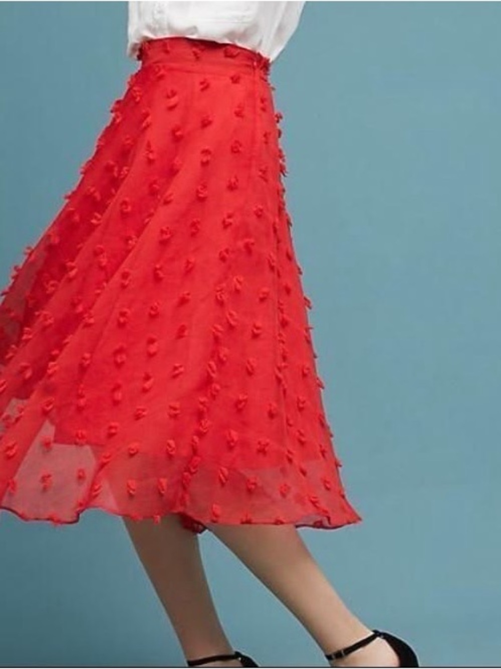 Anthropologie Red Textured Tulle Midi Skirt
